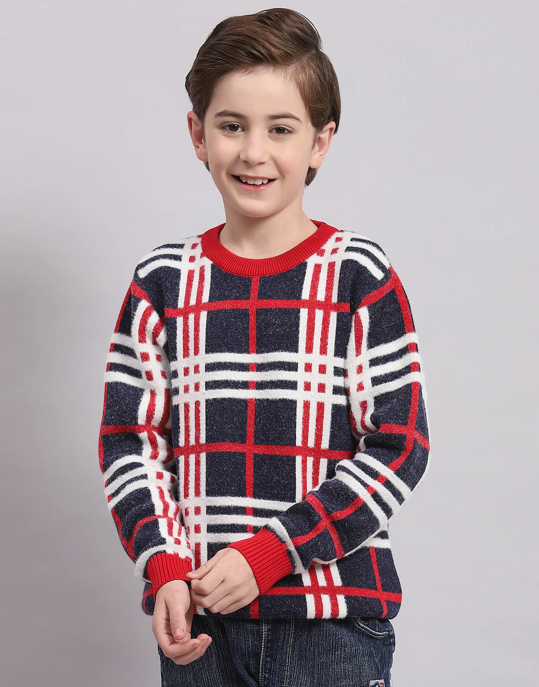 Boys Navy Blue Check Round Neck Full Sleeve Sweater - Image 2