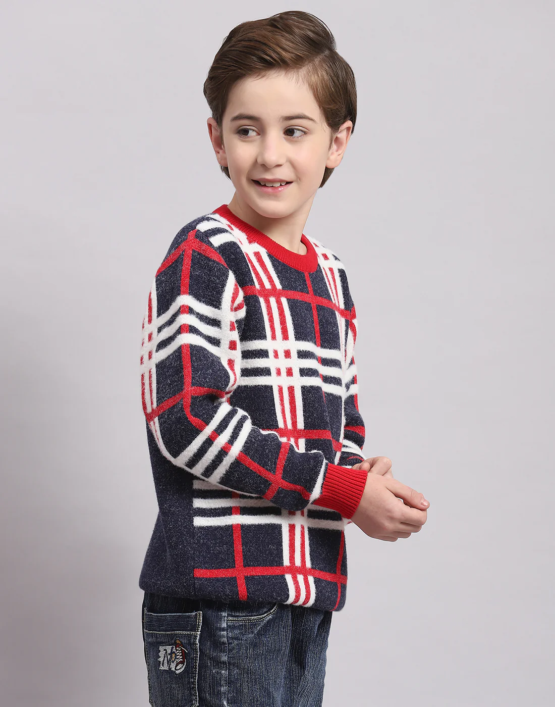 Boys Navy Blue Check Round Neck Full Sleeve Sweater - Image 4
