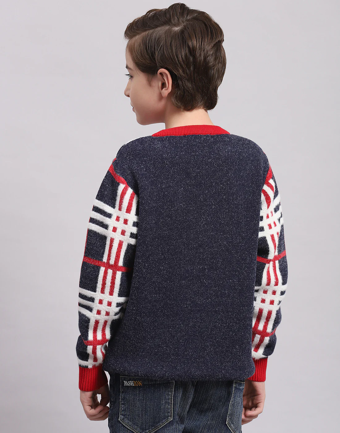 Boys Navy Blue Check Round Neck Full Sleeve Sweater - Image 5