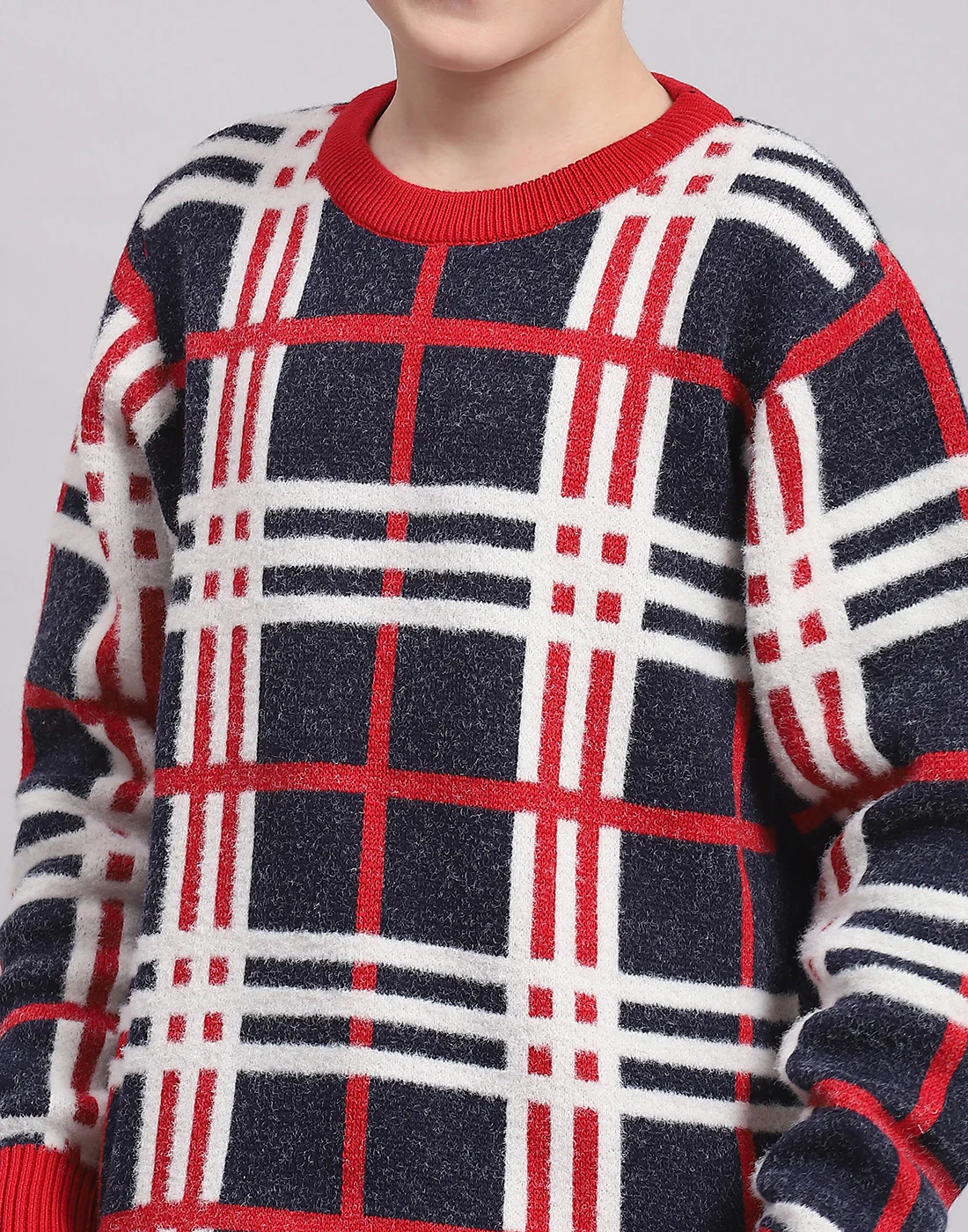 Boys Navy Blue Check Round Neck Full Sleeve Sweater - Image 6