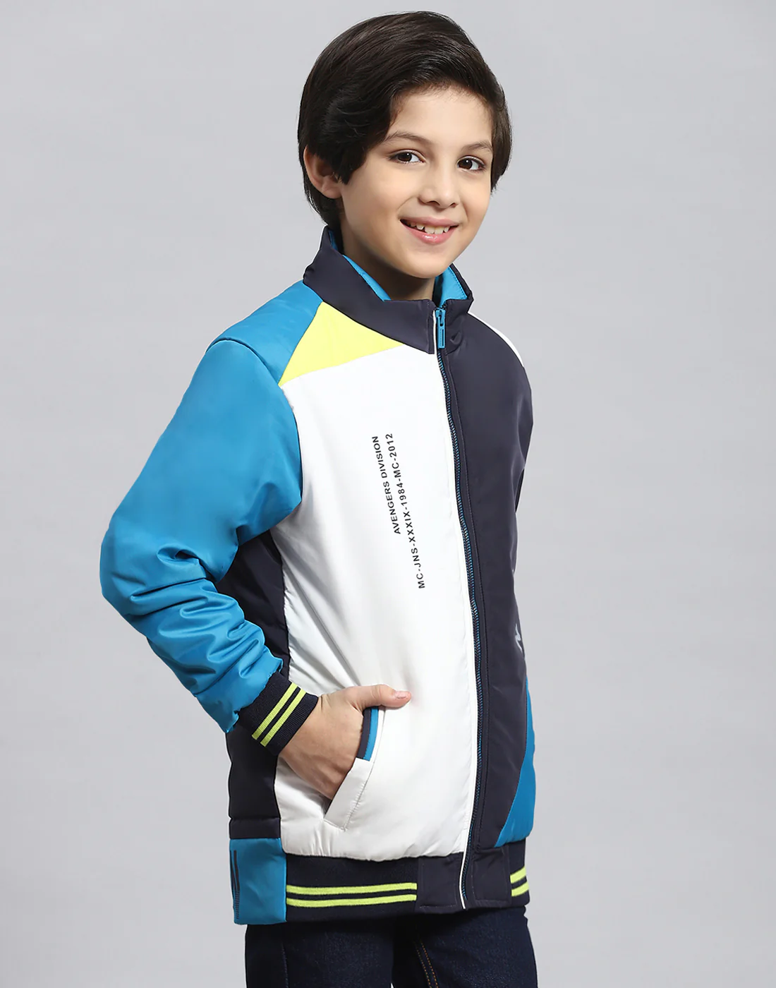 Boys Navy Blue Colourblocked Stand Collar Full Sleeve Boys Jacket - Image 4