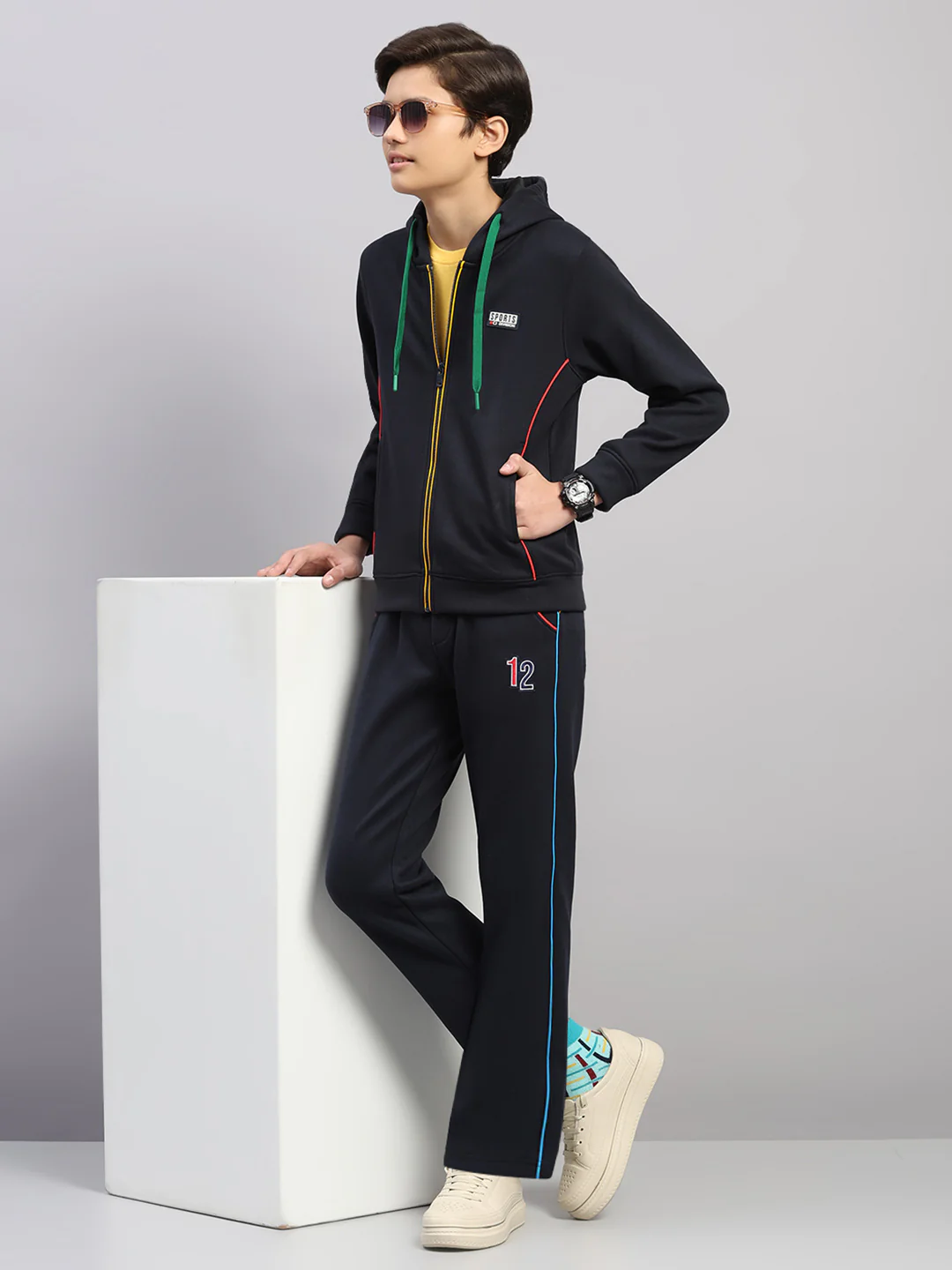 Boys Navy Blue Embroidered Collar Full Sleeve Winter Tracksuit - Image 2
