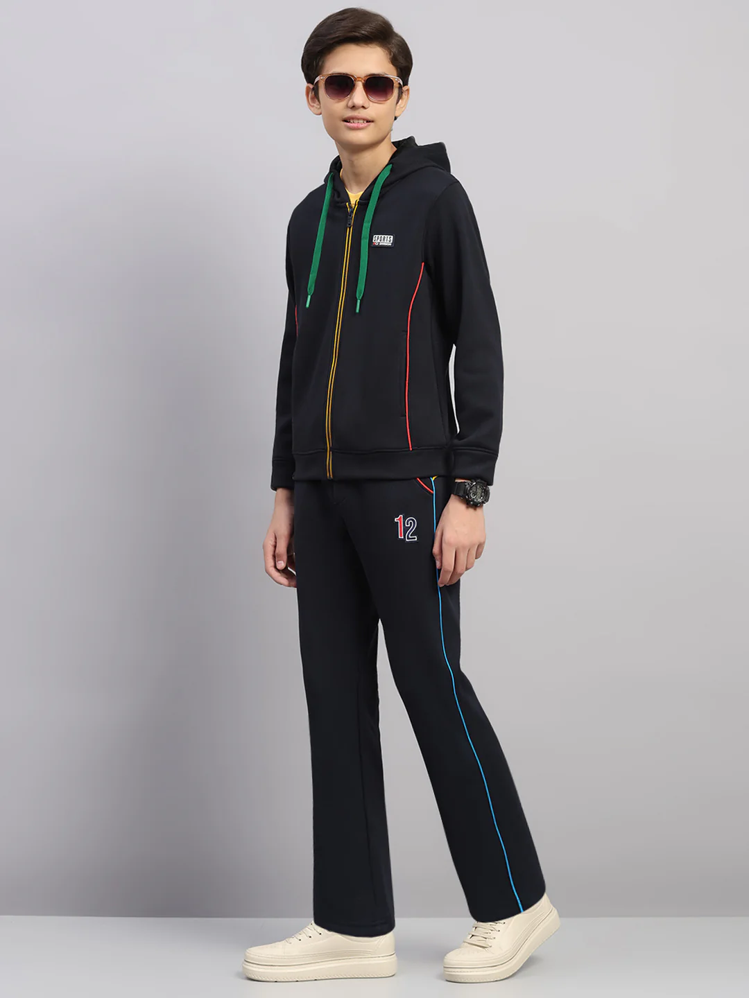 Boys Navy Blue Embroidered Collar Full Sleeve Winter Tracksuit - Image 3