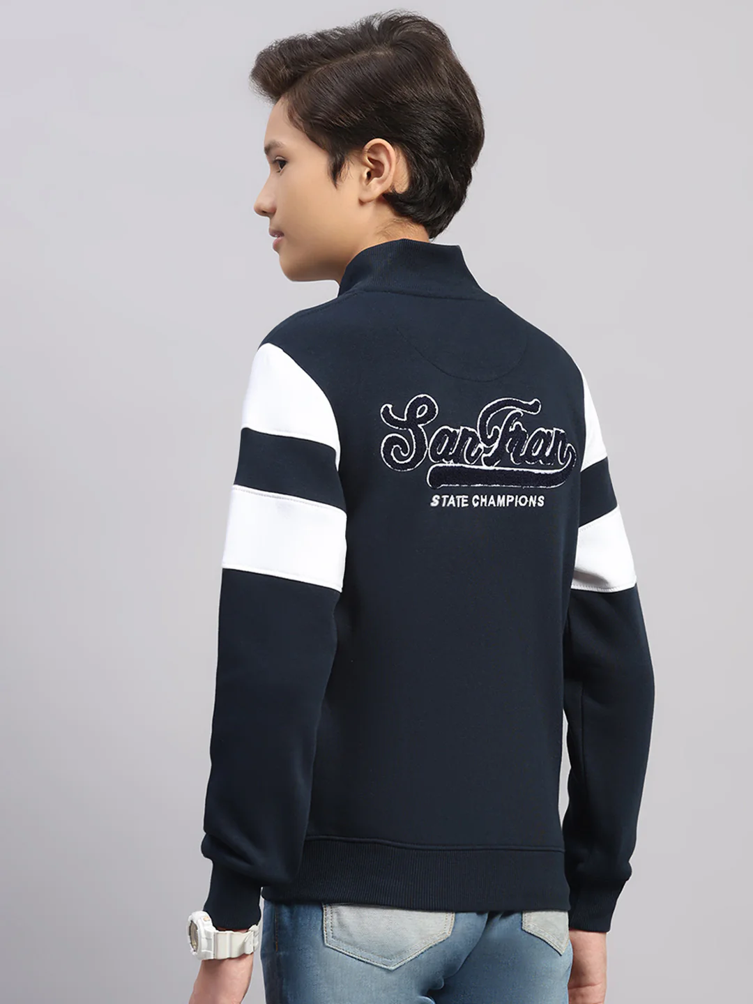 Boys Navy Blue Embroidered Round Neck Full Sleeve Sweatshirt - Image 5