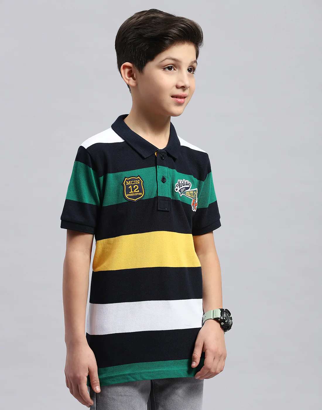 Boys Navy Blue & Green Printed Collar Half Sleeve T-Shirt - Image 4