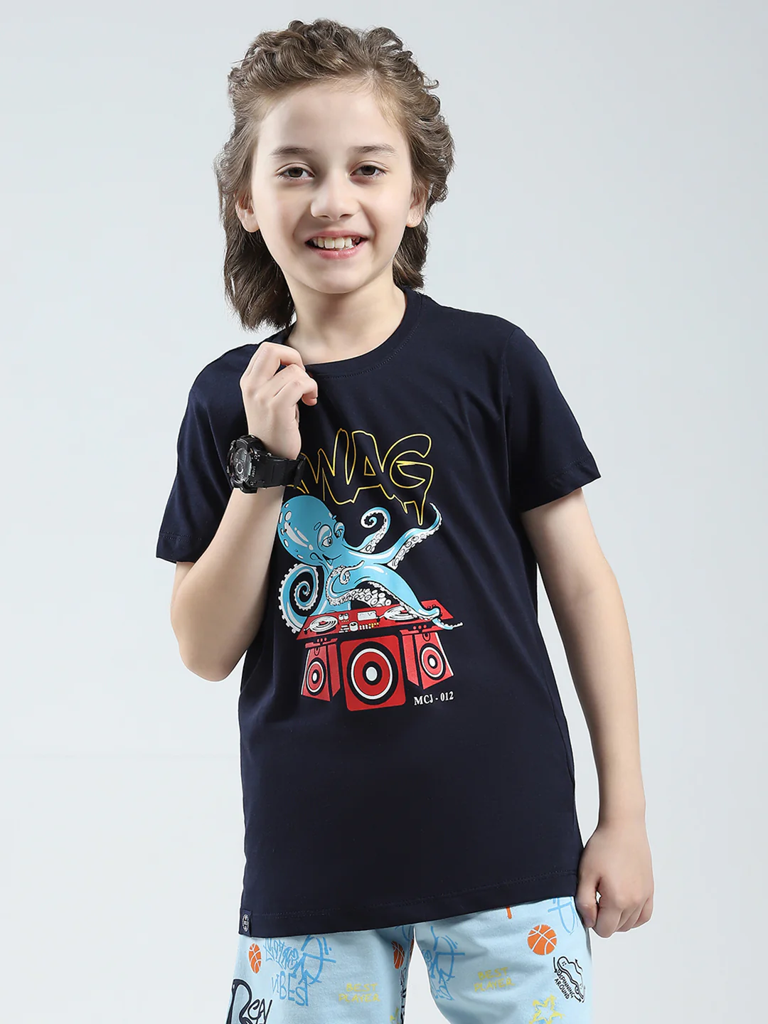 Boys Navy Blue & Green Printed Round Neck Half Sleeve T-Shirt (Pack of 2) - Image 3