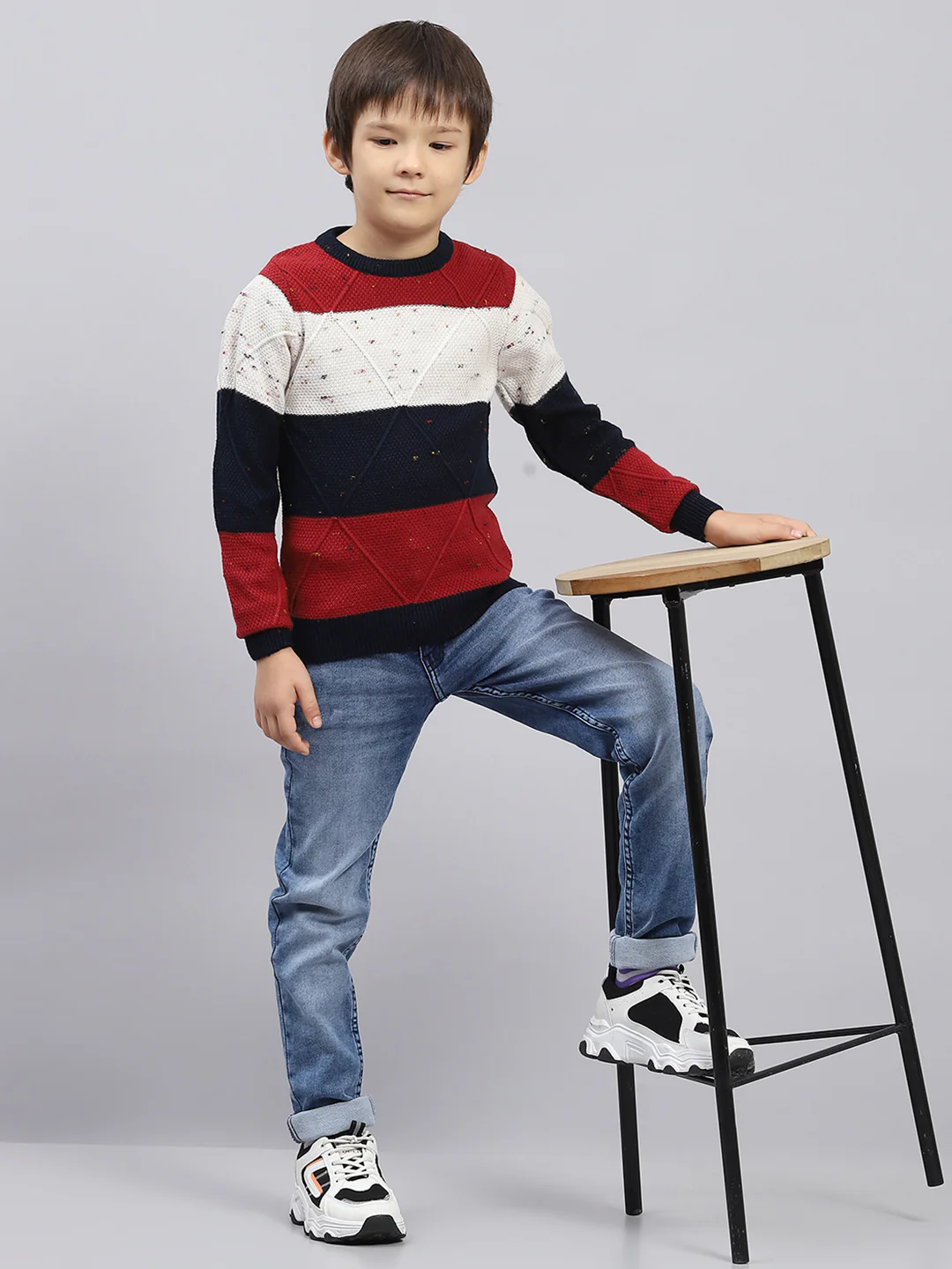 Boys Navy Blue & Maroon Self Design Round Neck Full Sleeve Pullover - Image 2