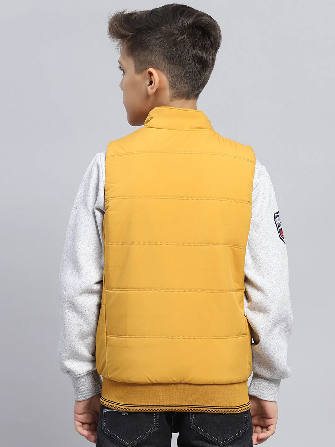 Boys Navy Blue & Mustard Solid Mock Neck Sleeveless Reversible Jacket - Image 5