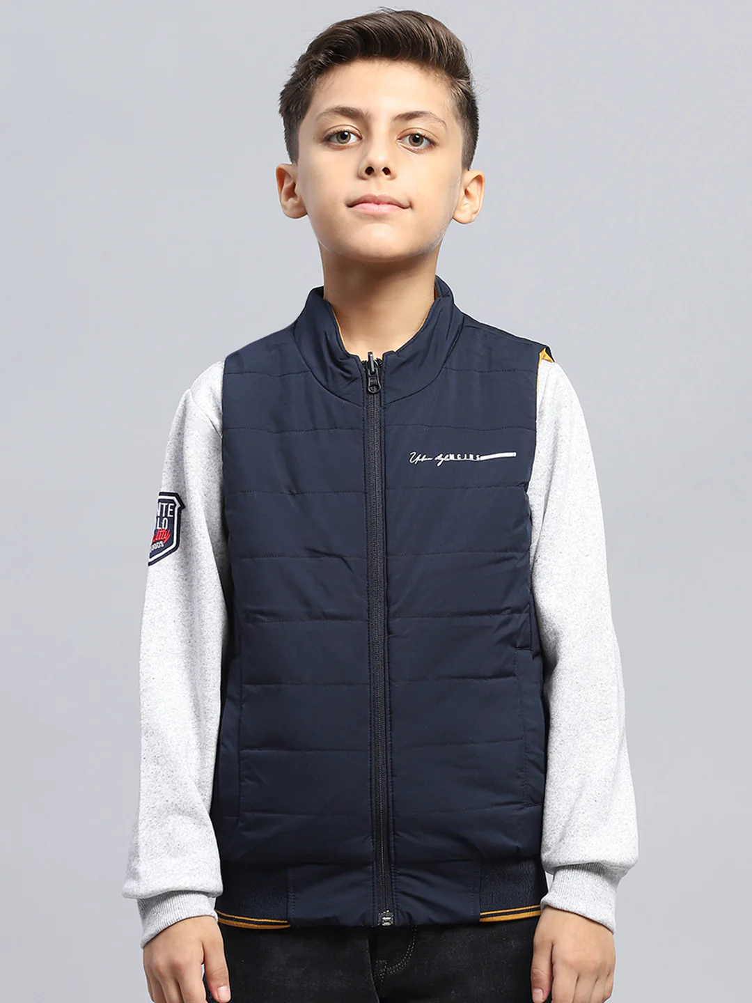 Boys Navy Blue & Mustard Solid Mock Neck Sleeveless Reversible Jacket - Image 6