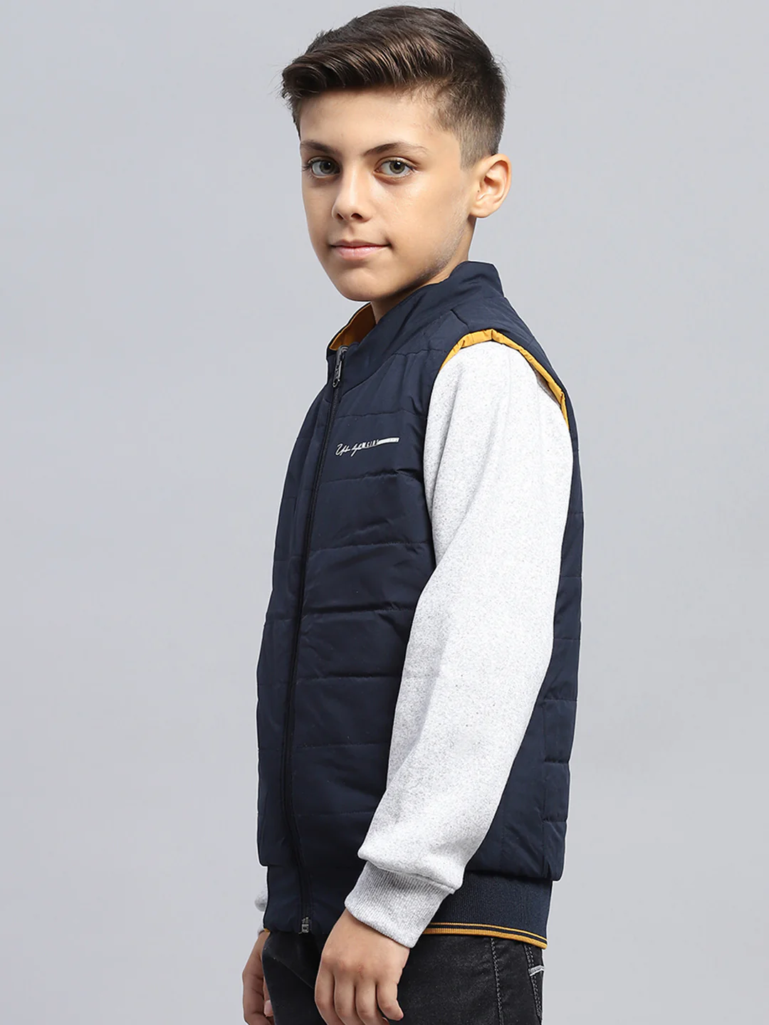 Boys Navy Blue & Mustard Solid Mock Neck Sleeveless Reversible Jacket - Image 7