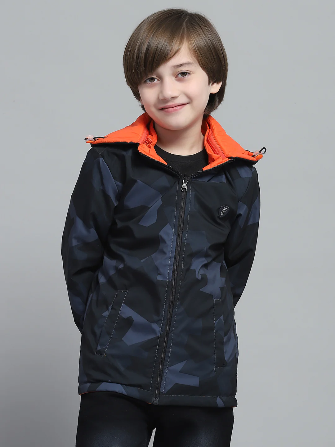 Boys Navy Blue & Orange Printed Hooded Full Sleeve Reversible Jacket - Image 3