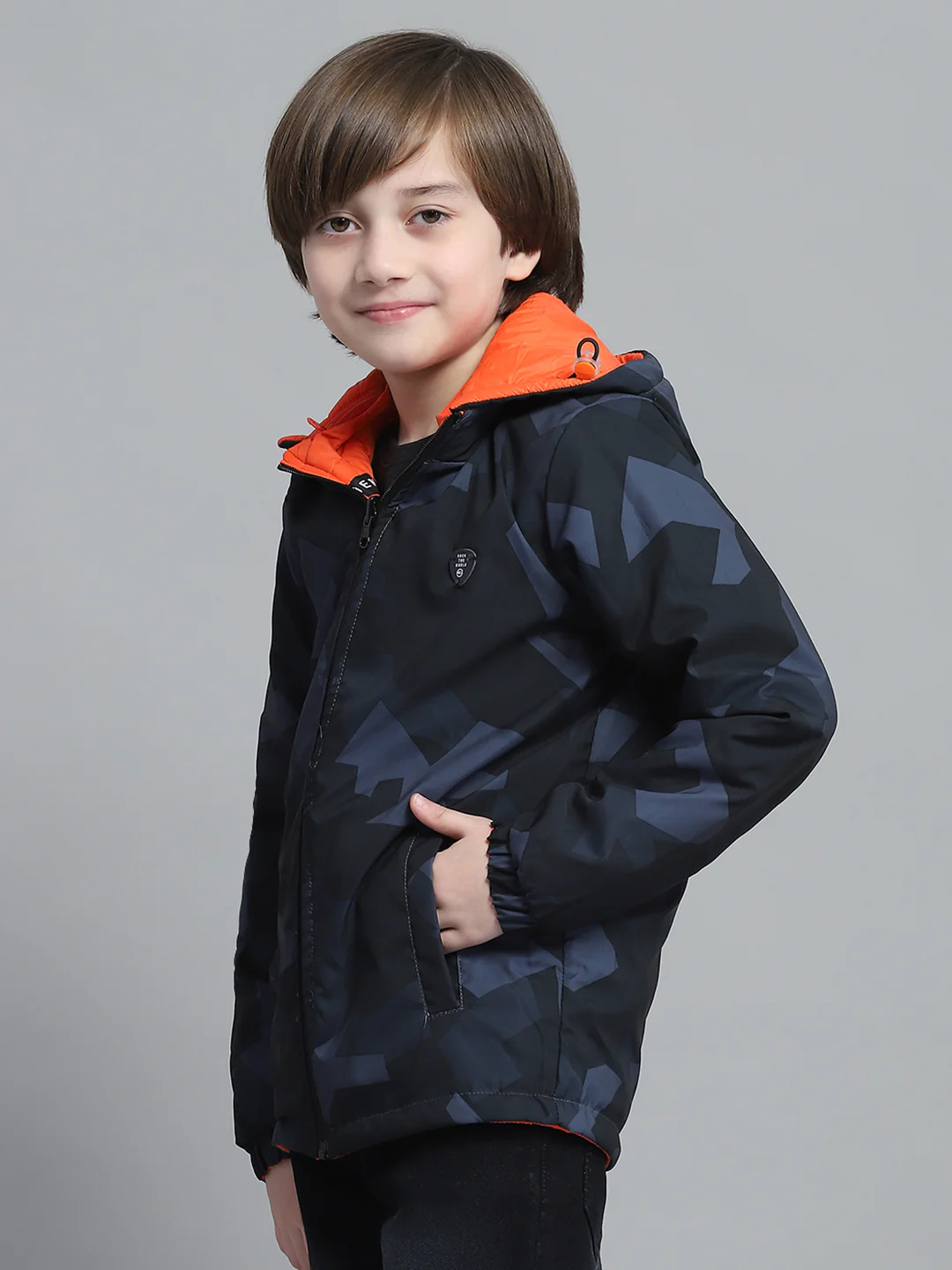 Boys Navy Blue & Orange Printed Hooded Full Sleeve Reversible Jacket - Image 4