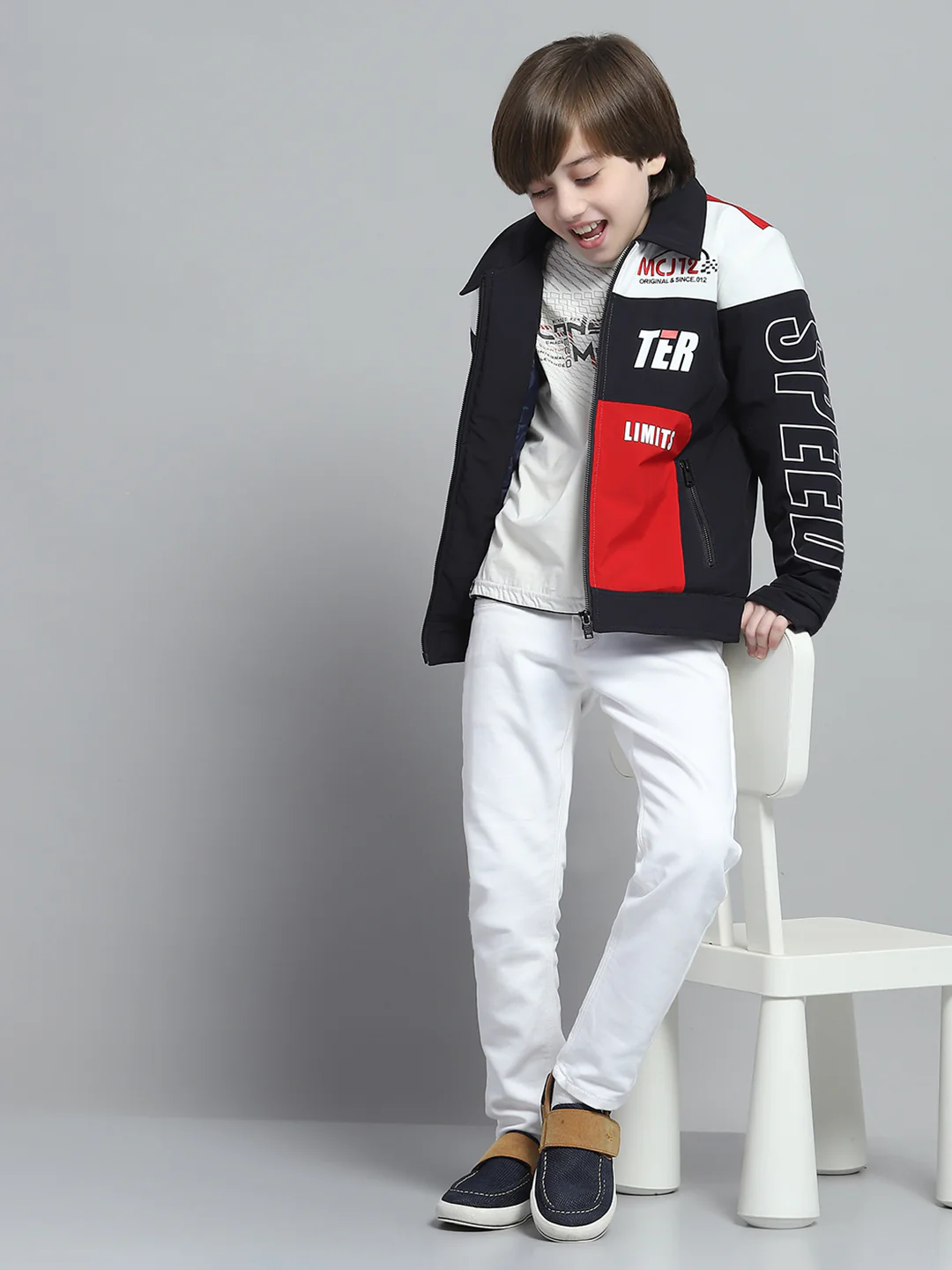 Boys Navy Blue Printed Collar Full Sleeve Jacket - Image 2