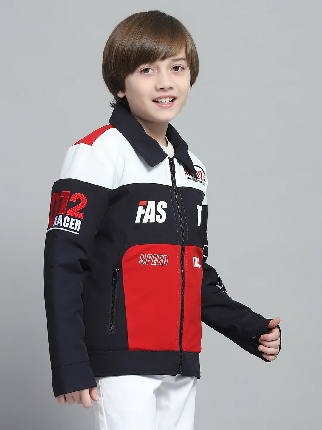 Boys Navy Blue Printed Collar Full Sleeve Jacket - Image 4