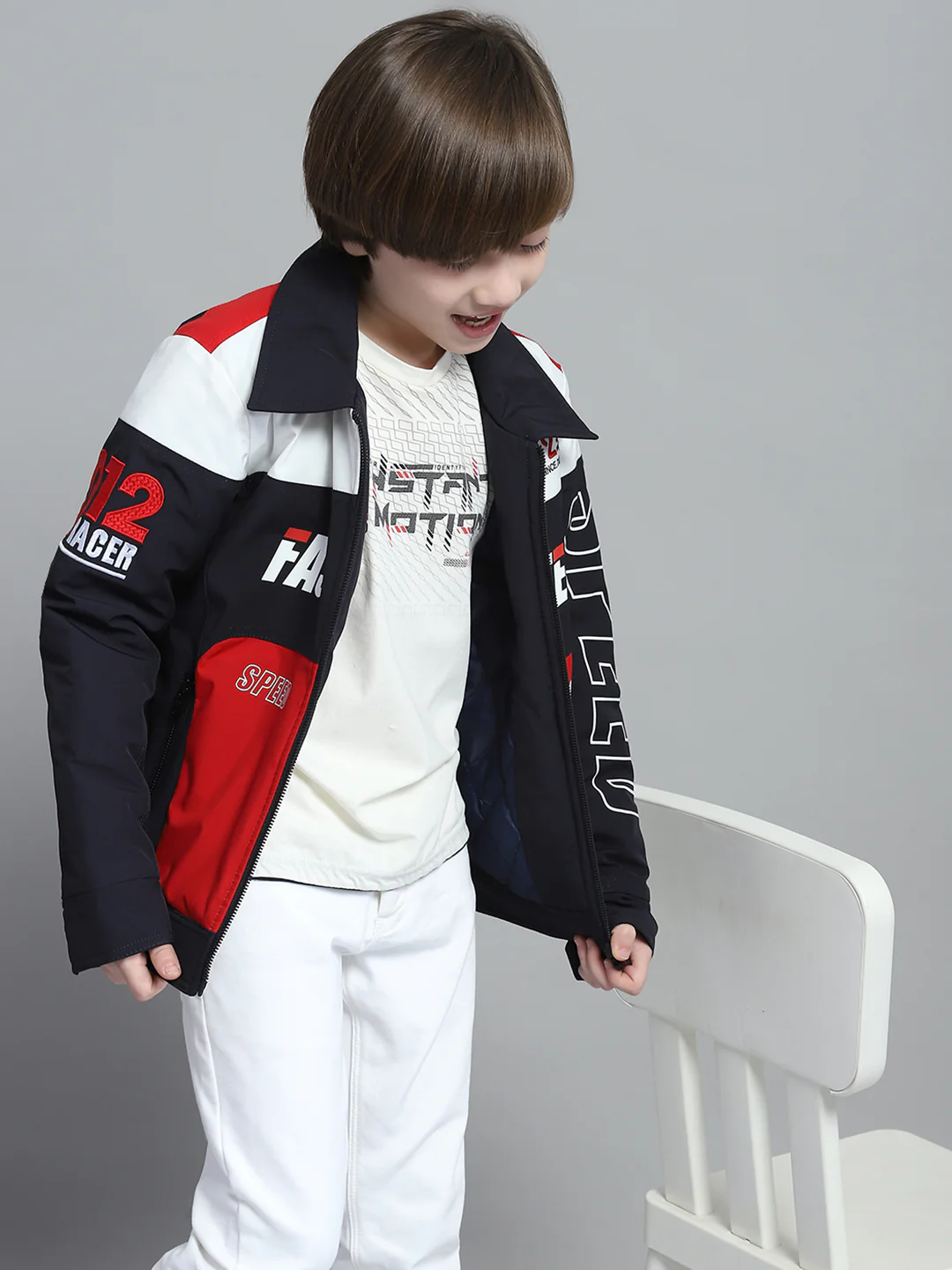 Boys Navy Blue Printed Collar Full Sleeve Jacket - Image 6