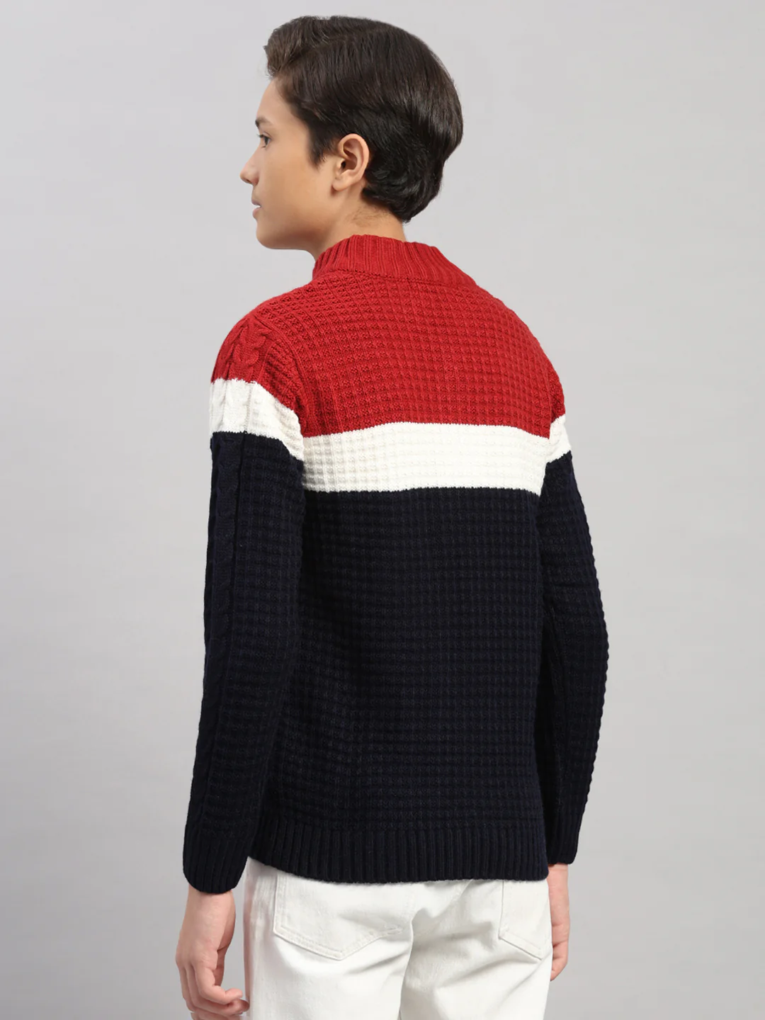 Boys Navy Blue Printed Collar Full Sleeve Pullover - Image 5