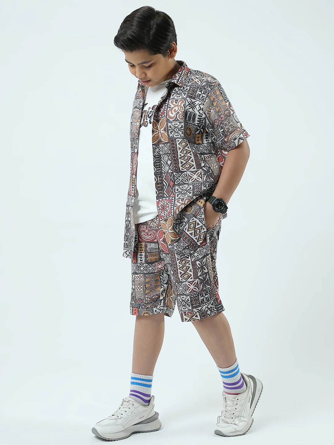 Boys Navy Blue Printed Collar Half Sleeve 3 Pcs Cords Set - Image 3