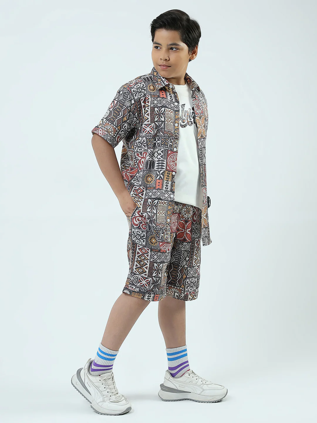 Boys Navy Blue Printed Collar Half Sleeve 3 Pcs Cords Set - Image 4