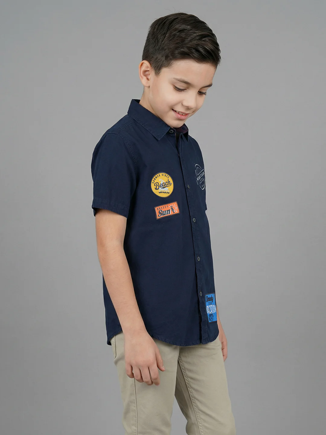 Boys Navy Blue Printed Collar Half Sleeve Shirt - Image 2