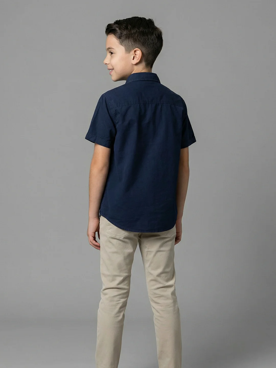 Boys Navy Blue Printed Collar Half Sleeve Shirt - Image 4
