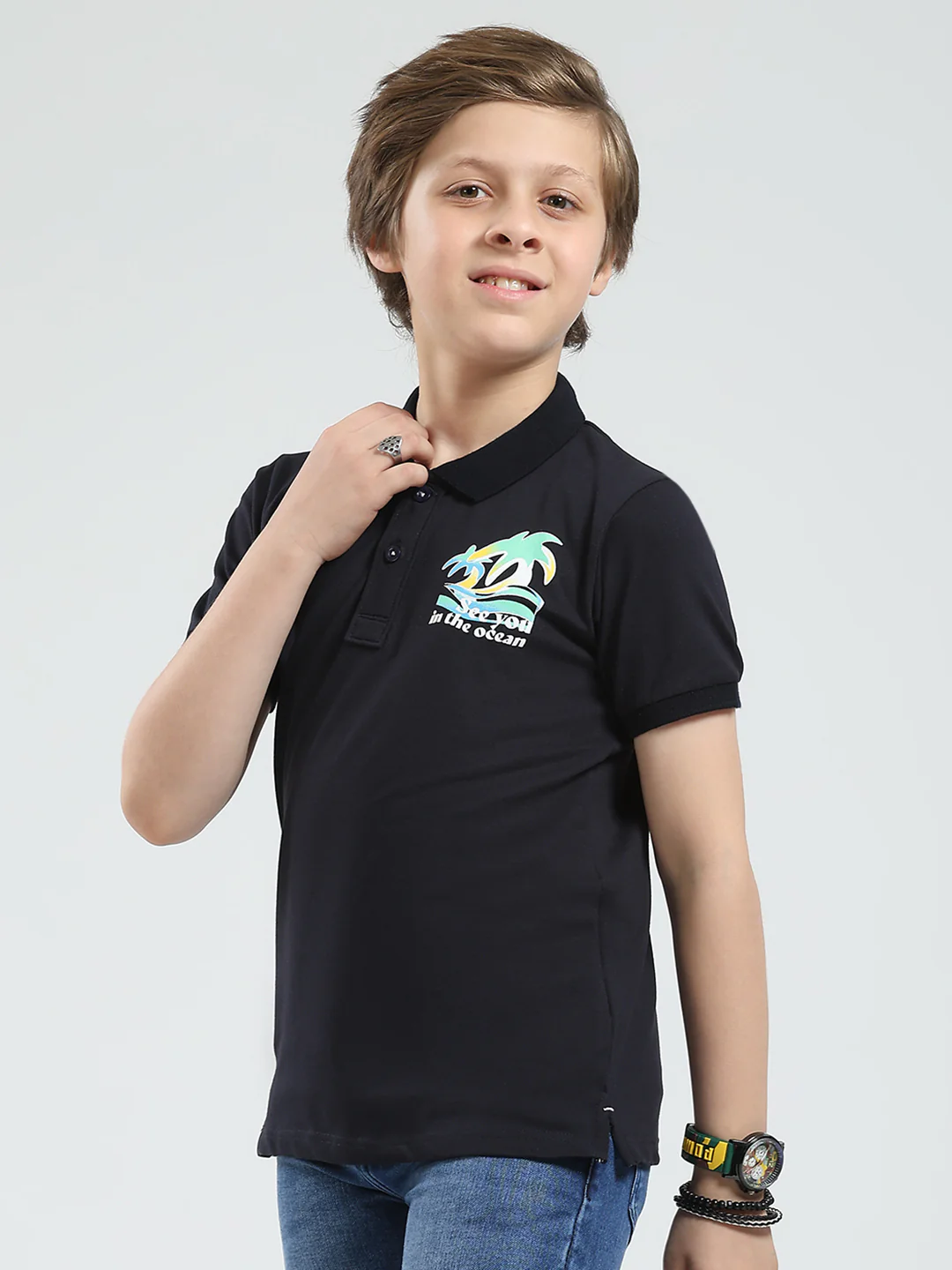Boys Navy Blue Printed Collar Half Sleeve T-Shirt - Image 3