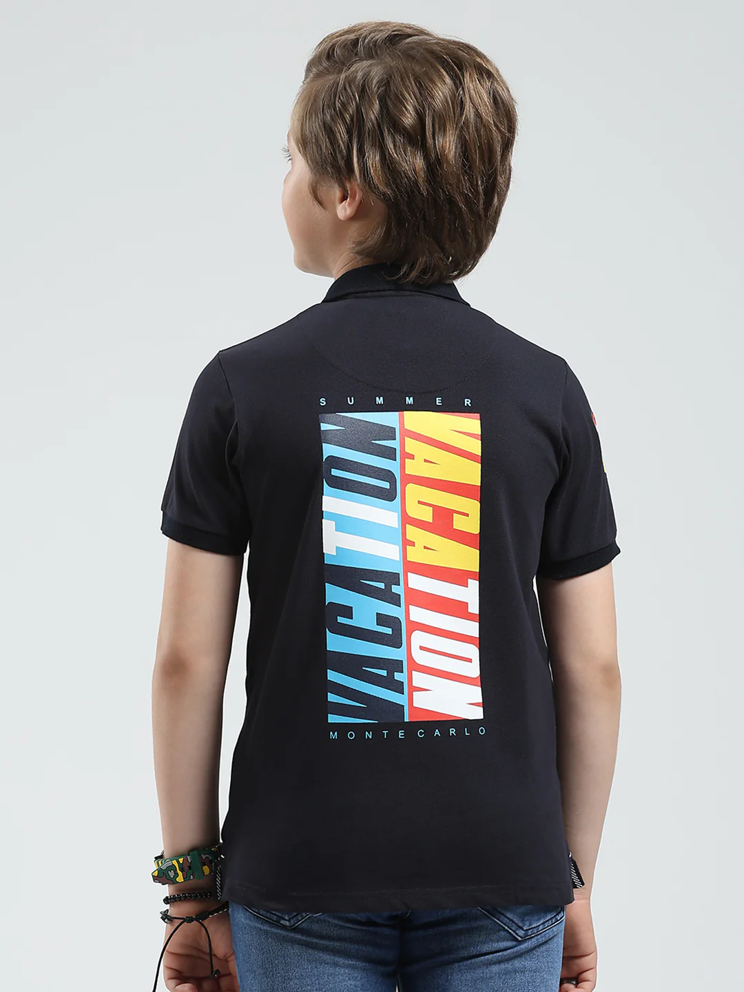 Boys Navy Blue Printed Collar Half Sleeve T-Shirt - Image 5