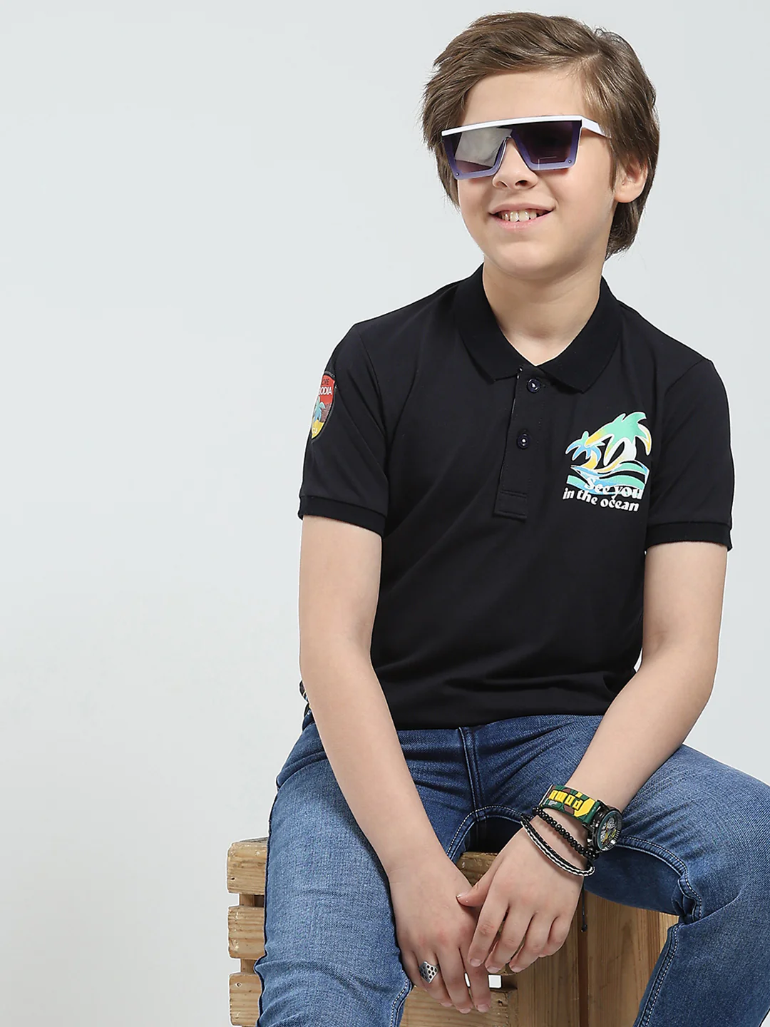 Boys Navy Blue Printed Collar Half Sleeve T-Shirt - Image 6