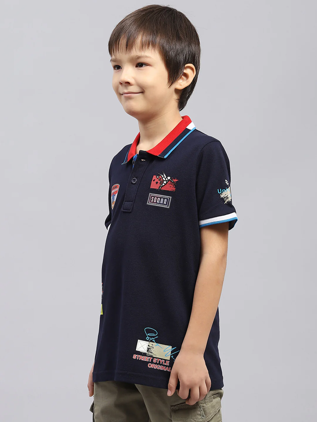 Boys Navy Blue Printed Collar Half Sleeve T-Shirt - Image 3