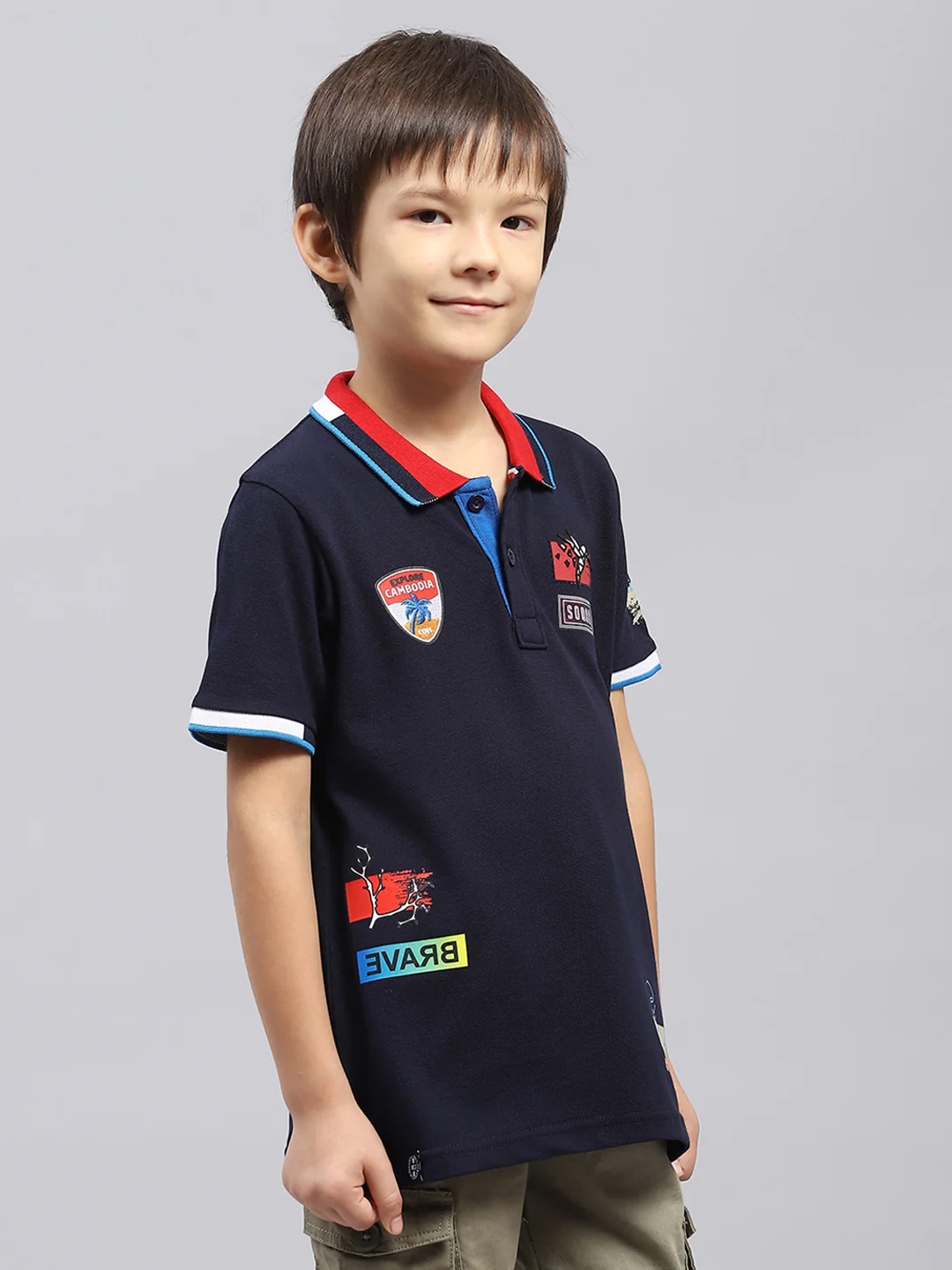 Boys Navy Blue Printed Collar Half Sleeve T-Shirt - Image 4