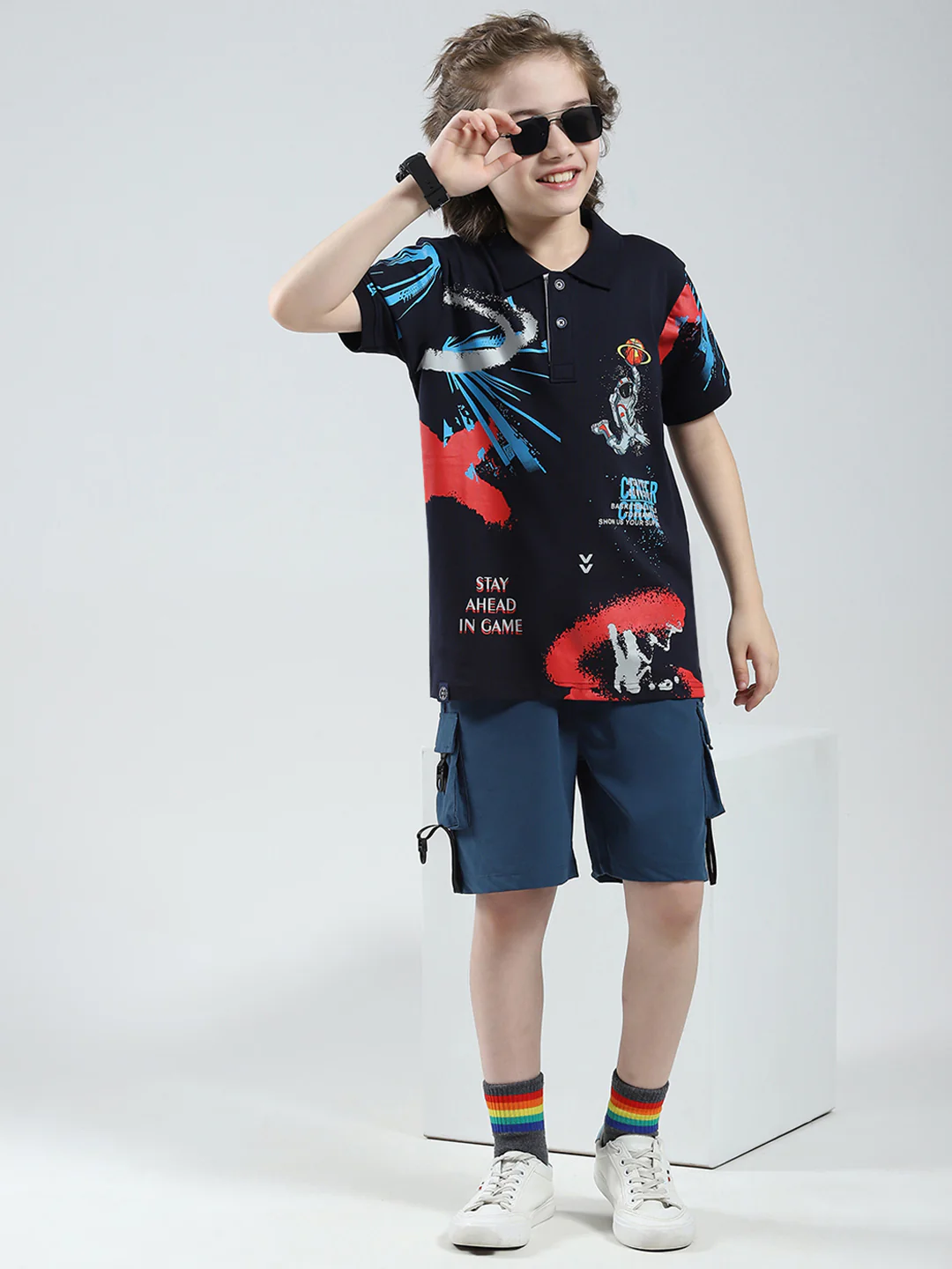 Boys Navy Blue Printed Collar Half Sleeve T-Shirt - Image 2