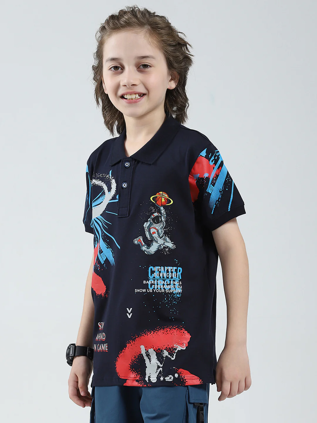 Boys Navy Blue Printed Collar Half Sleeve T-Shirt - Image 3