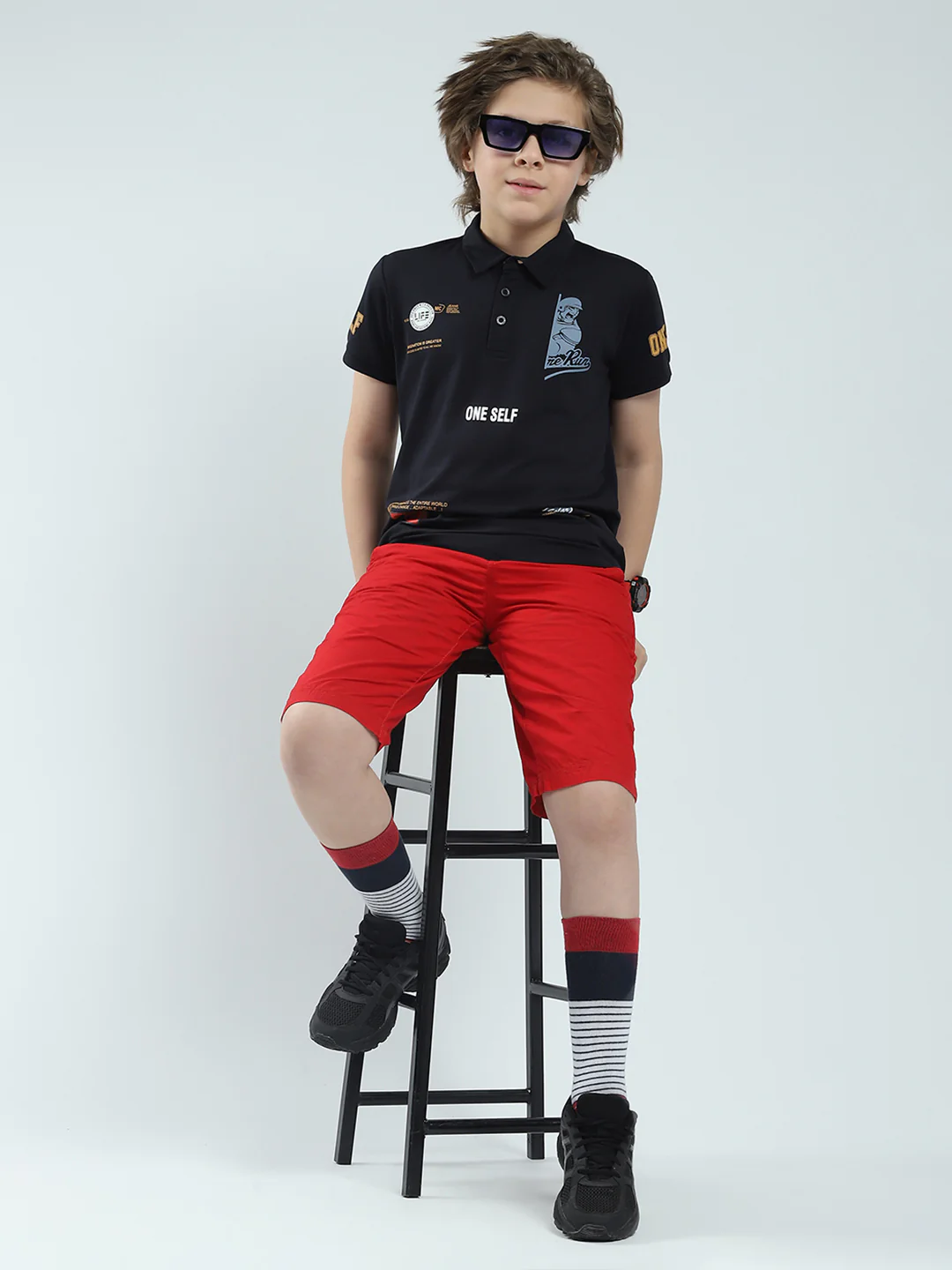 Boys Navy Blue Printed Collar Half Sleeve T-Shirt - Image 2