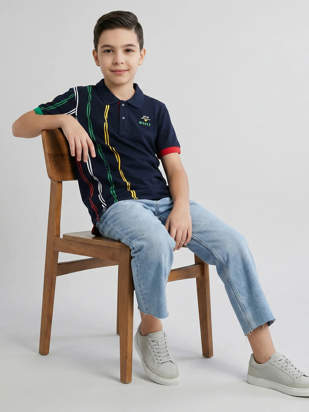 Boys Navy Blue Printed Collar Half Sleeve T-Shirt - Image 5