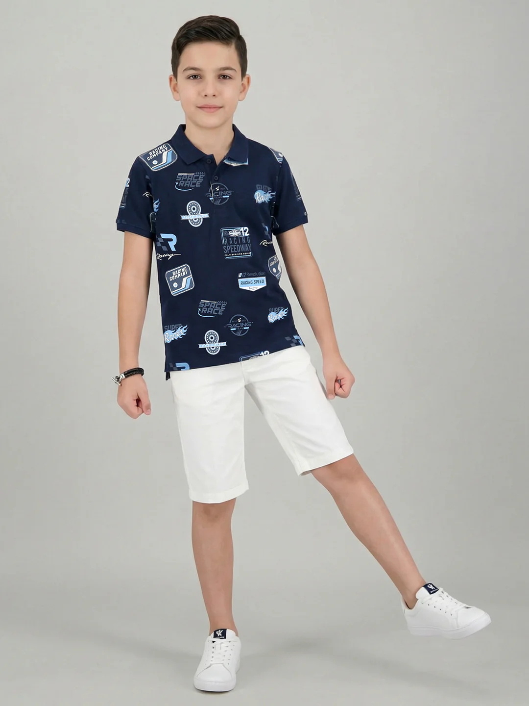 Boys Navy Blue Printed Collar Half Sleeve T-Shirt - Image 5