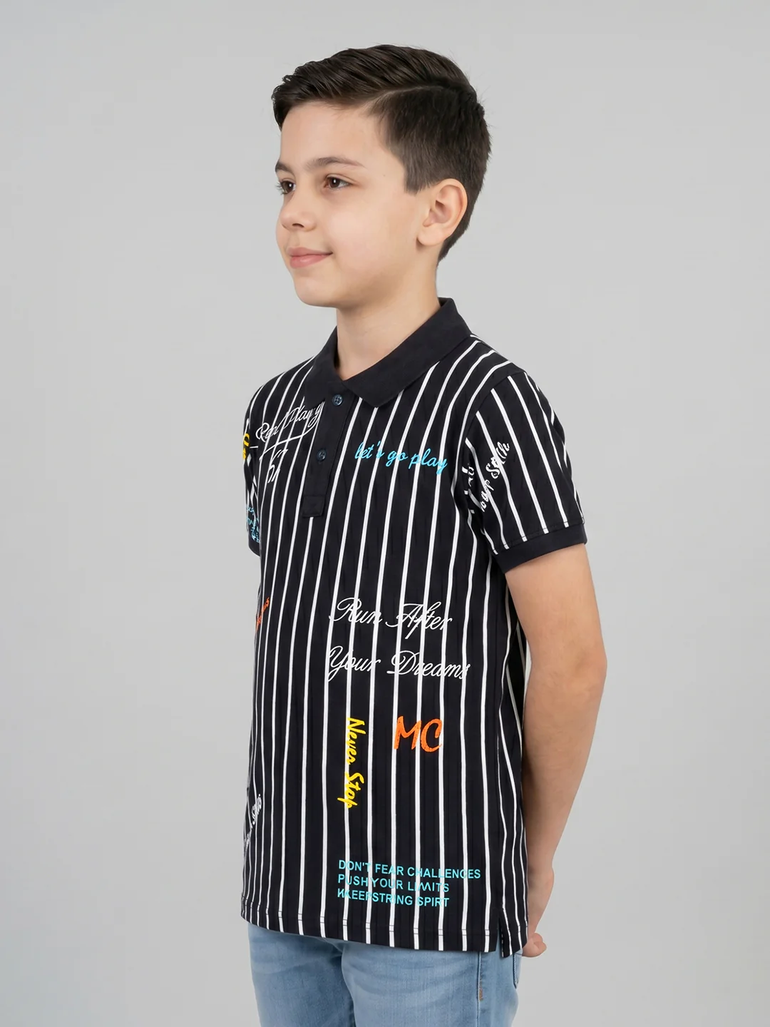 Boys Navy Blue Printed Collar Half Sleeve T-Shirt - Image 3