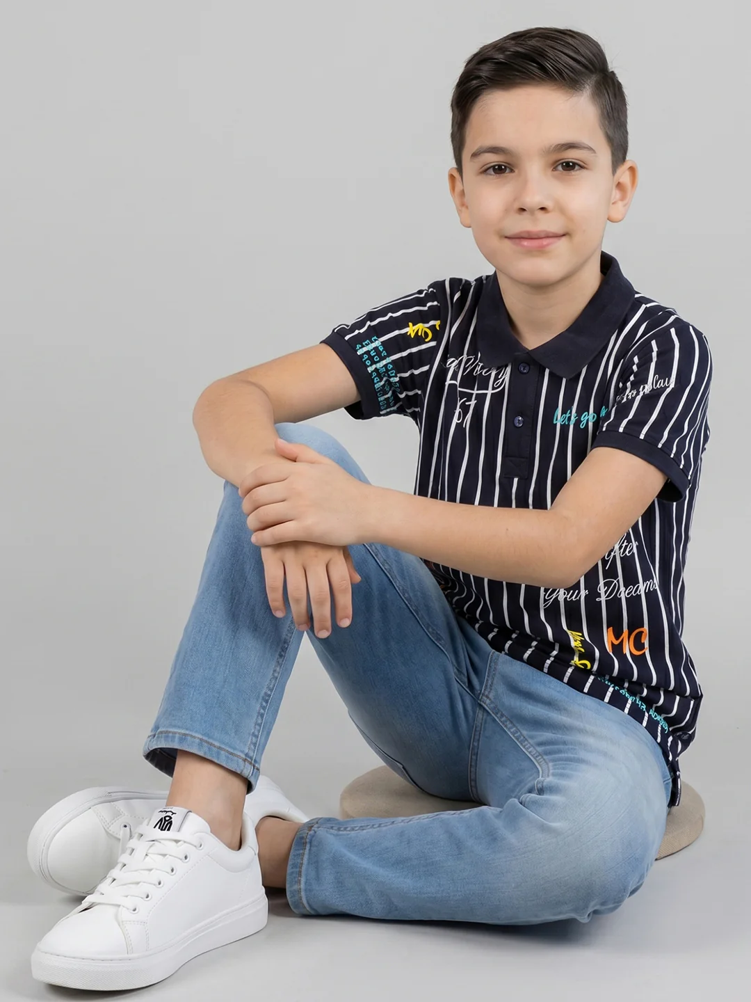 Boys Navy Blue Printed Collar Half Sleeve T-Shirt - Image 5