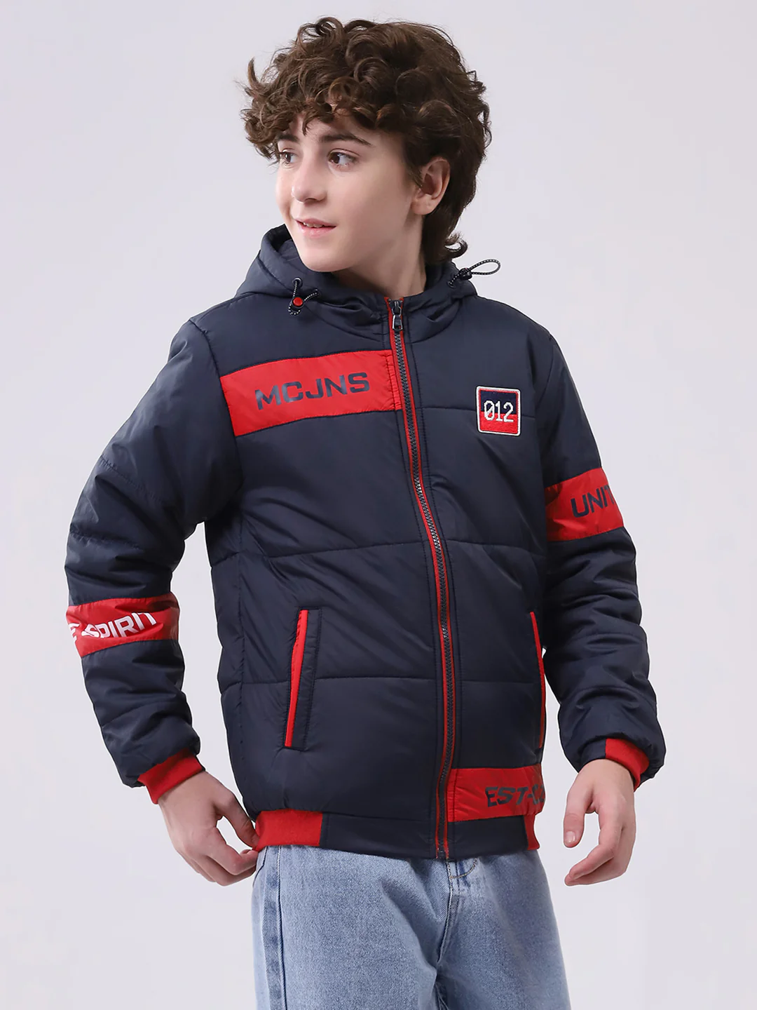 Boys Navy Blue Printed Hooded Full Sleeve Boys Jacket - Image 4