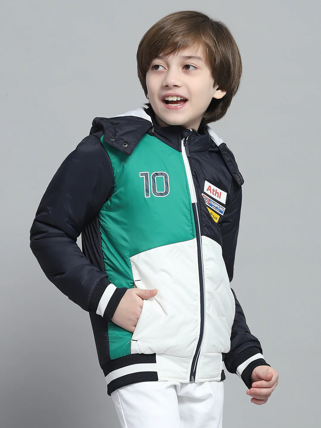 Boys Navy Blue Printed Hooded Full Sleeve Jacket - Image 4