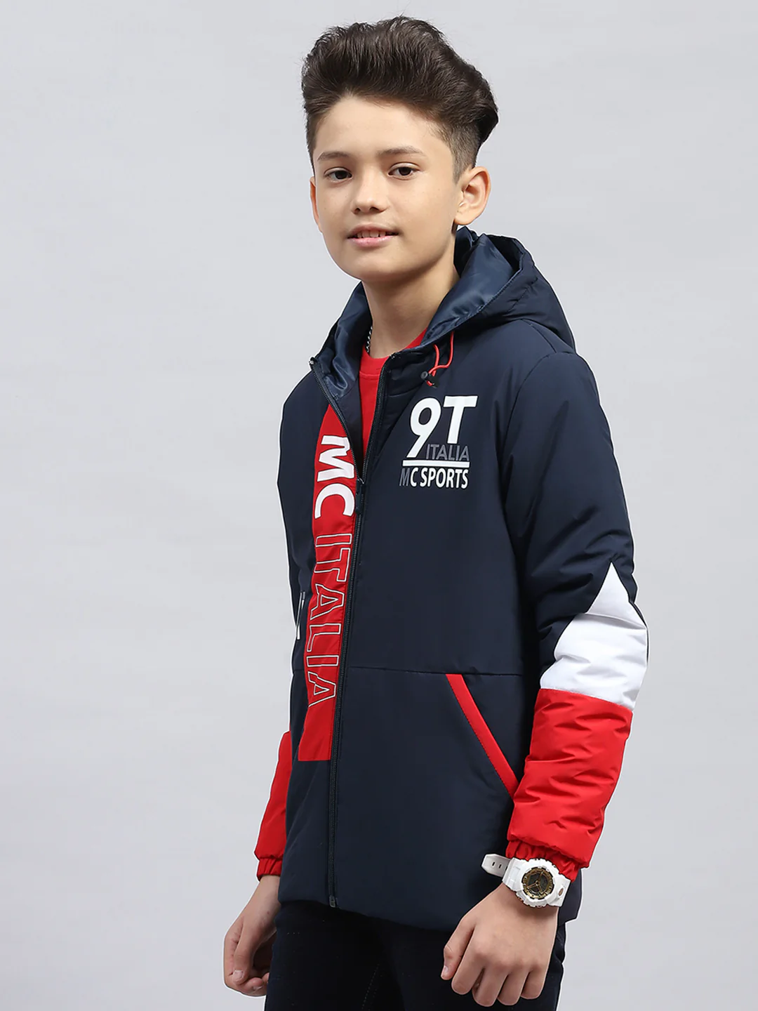 Boys Navy Blue Printed Hooded Full Sleeve Jacket - Image 3