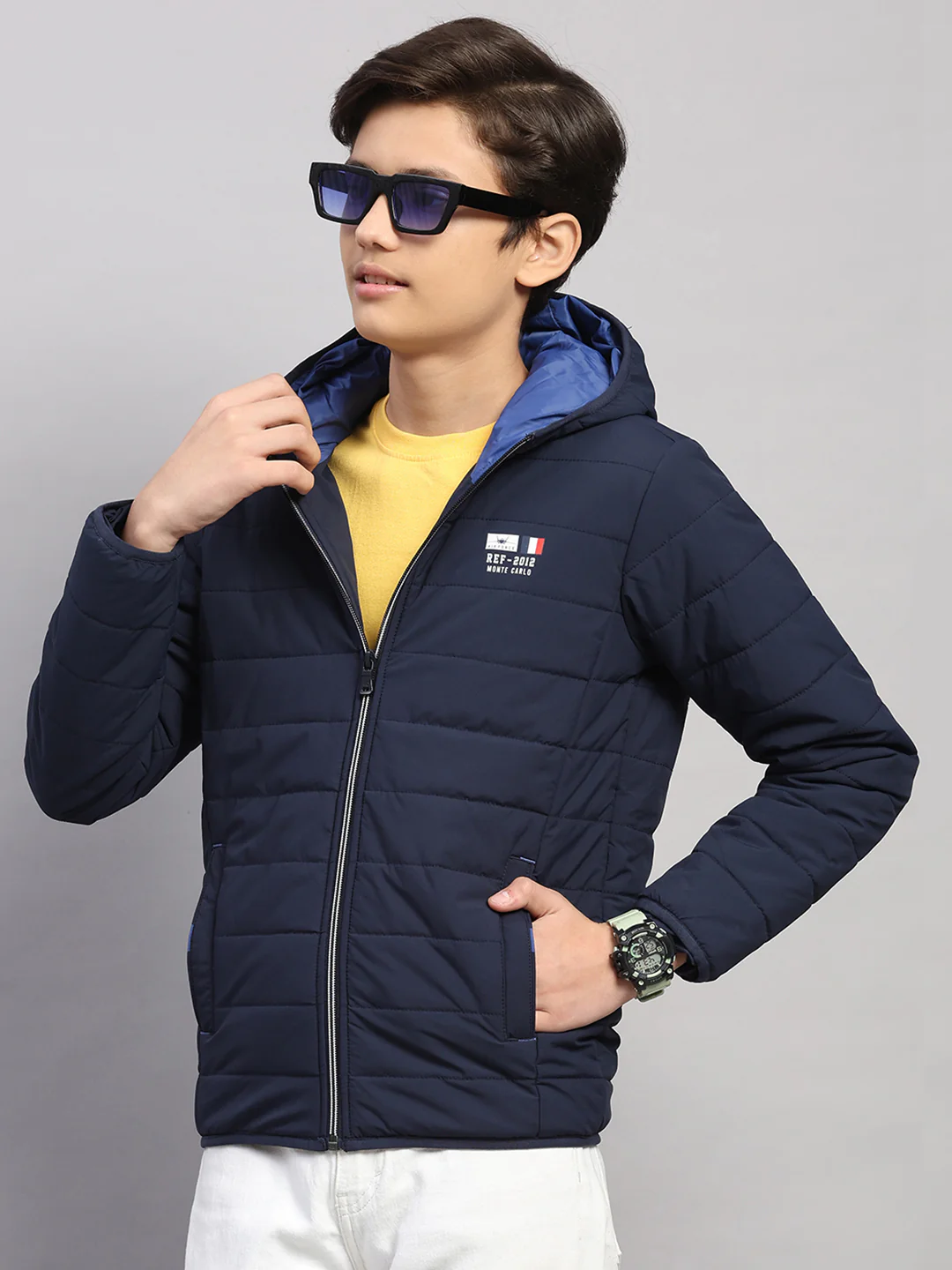 Boys Navy Blue Printed Hooded Full Sleeve Jacket - Image 6