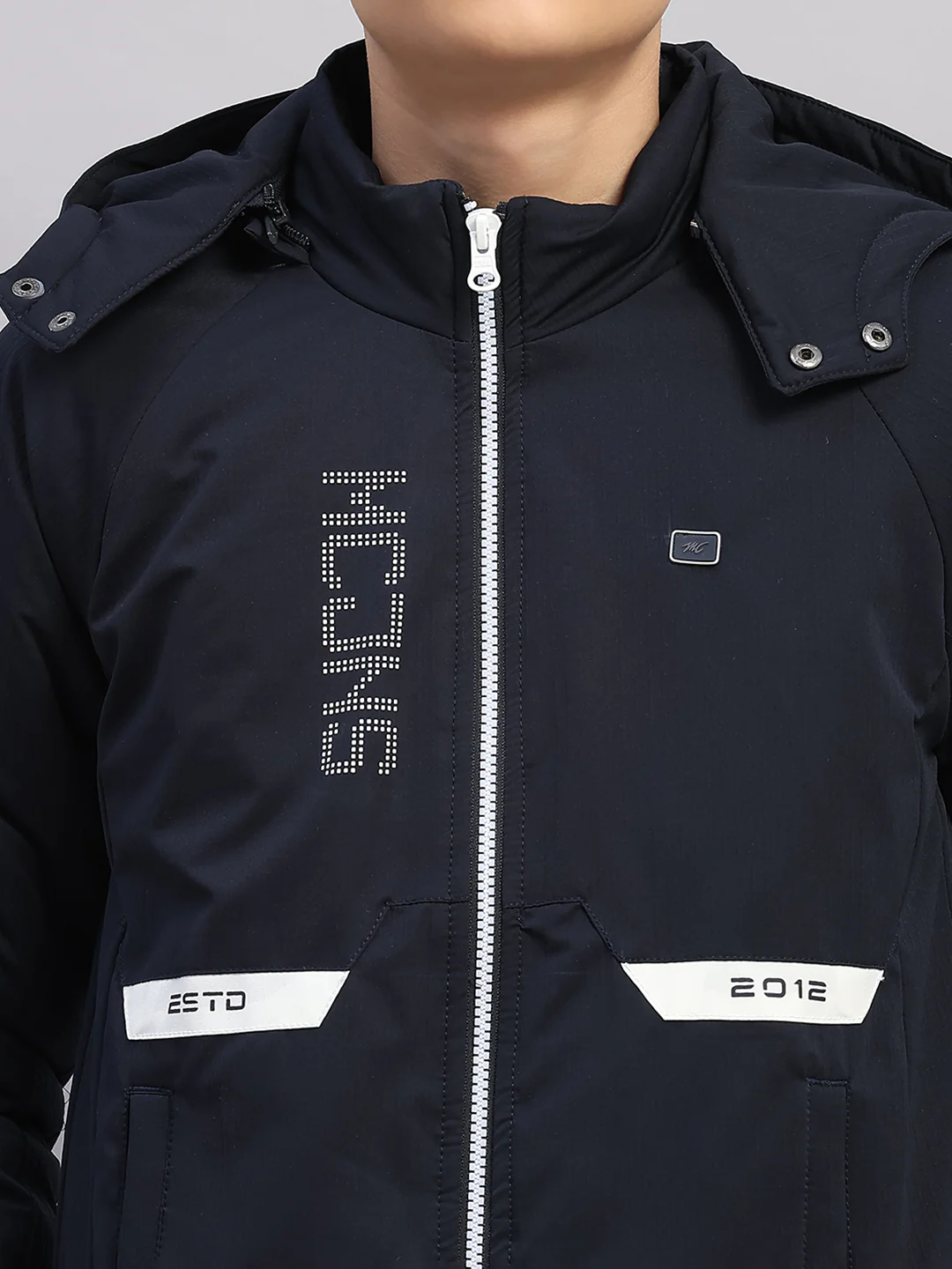 Boys Navy Blue Printed Hooded Full Sleeve Jacket - Image 7