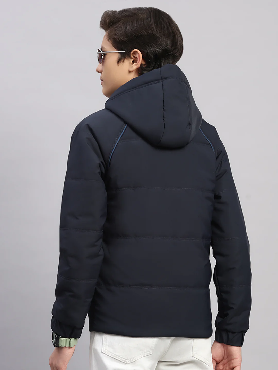 Boys Navy Blue Printed Hooded Full Sleeve Jacket - Image 5