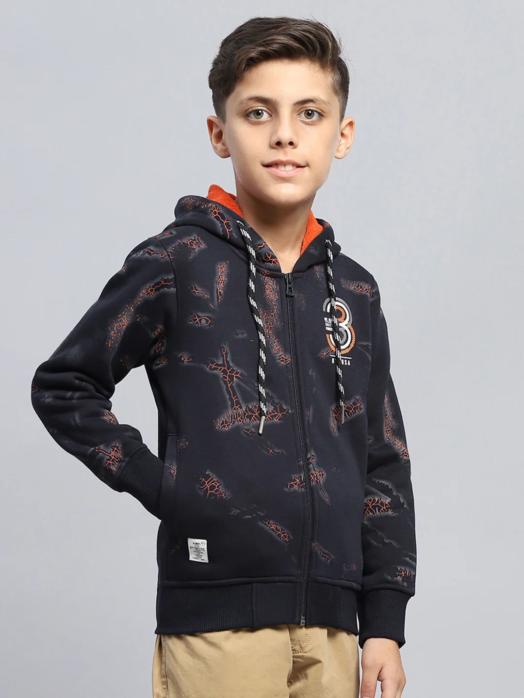 Boys Navy Blue Printed Hooded Full Sleeve Sweatshirt - Image 4