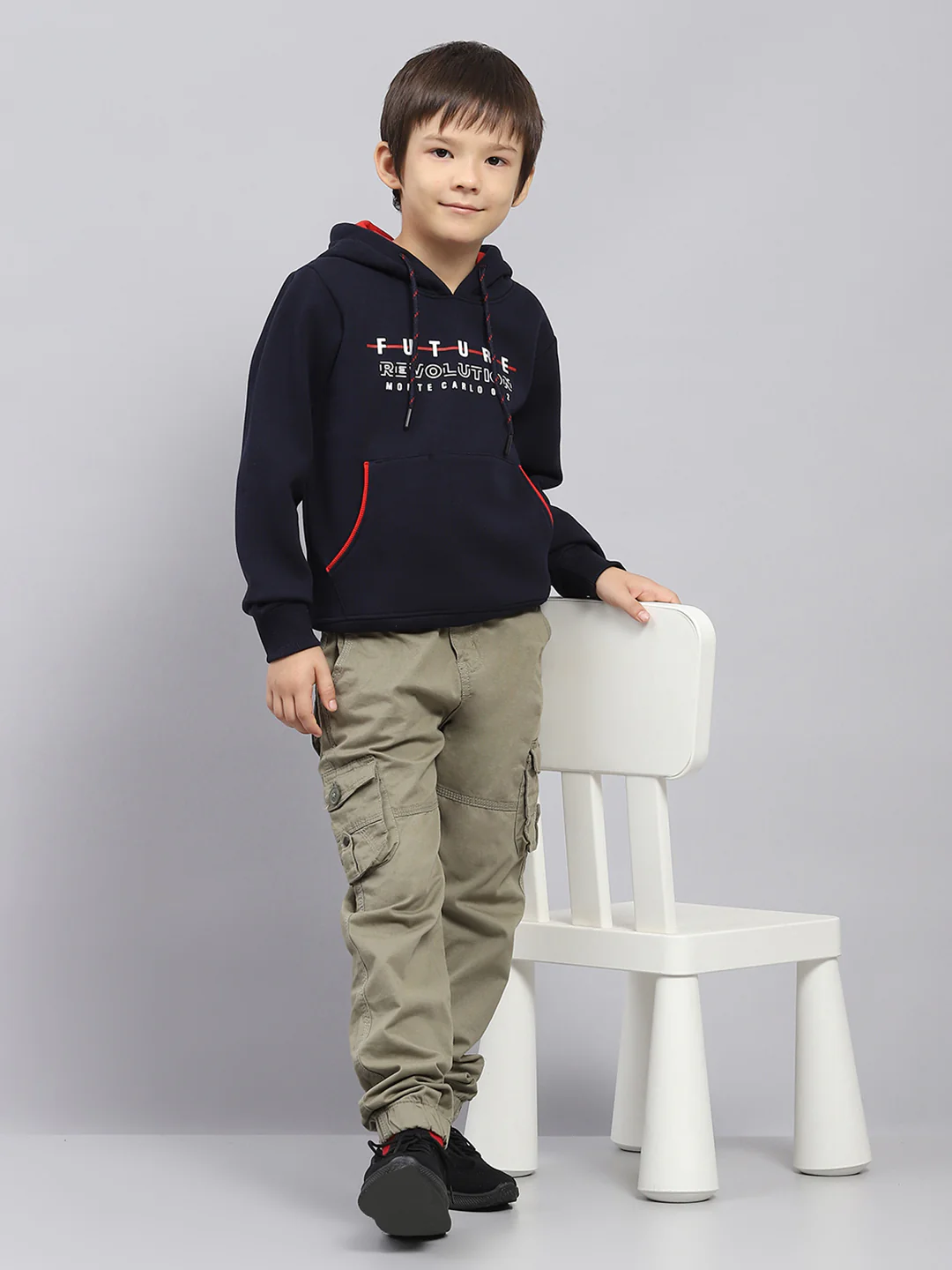 Boys Navy Blue Printed Hooded Full Sleeve Sweatshirt - Image 2