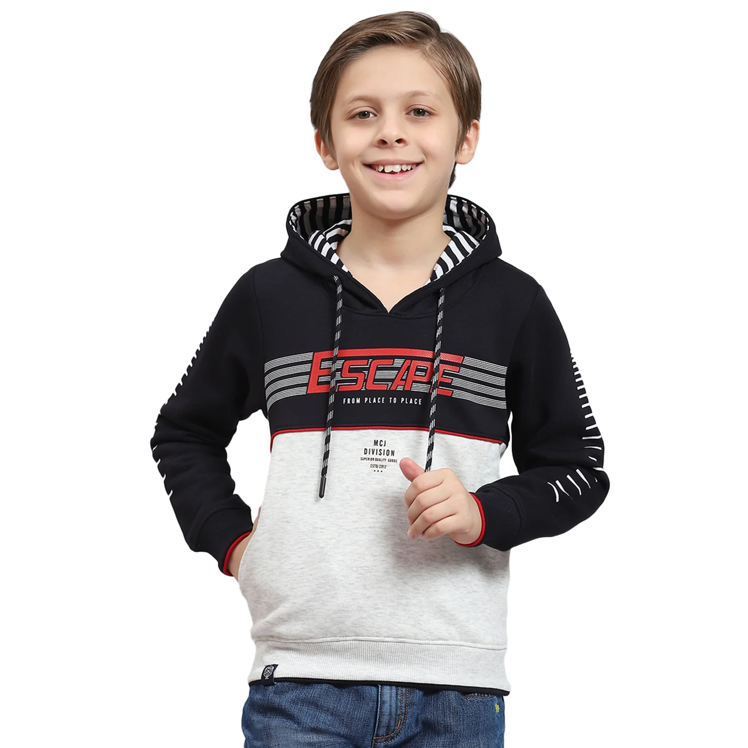 Boys Navy Blue Printed Hooded Full Sleeve Sweatshirt - Image 5