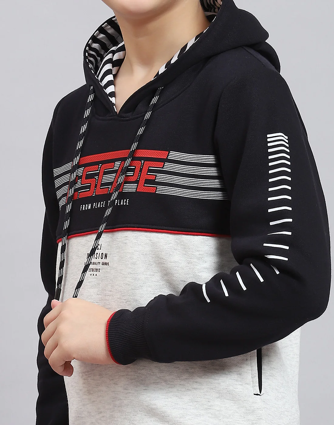 Boys Navy Blue Printed Hooded Full Sleeve Sweatshirt - Image 7
