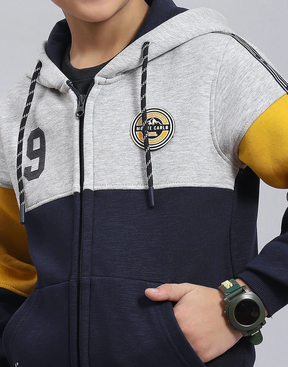 Boys Navy Blue Printed Hooded Full Sleeve Sweatshirt - Image 7