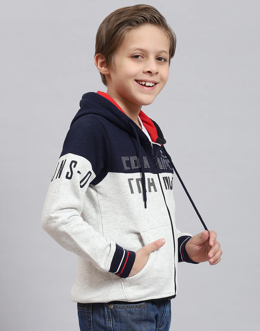 Boys Navy Blue Printed Hooded Full Sleeve Sweatshirt - Image 4