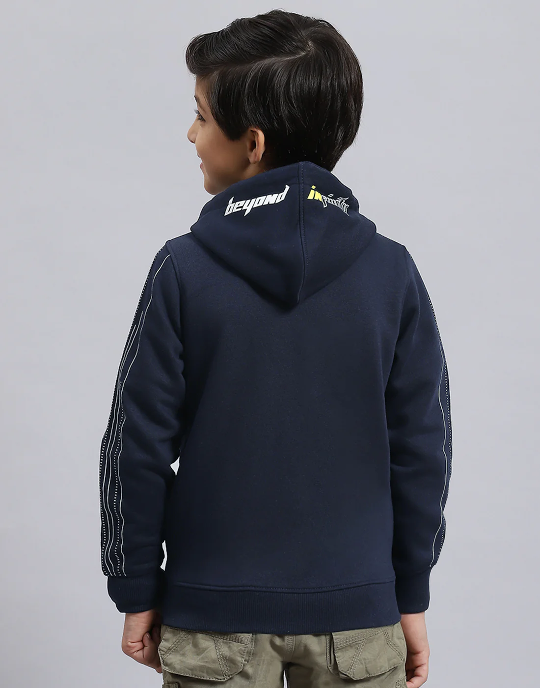 Boys Navy Blue Printed Hooded Full Sleeve Sweatshirt - Image 5