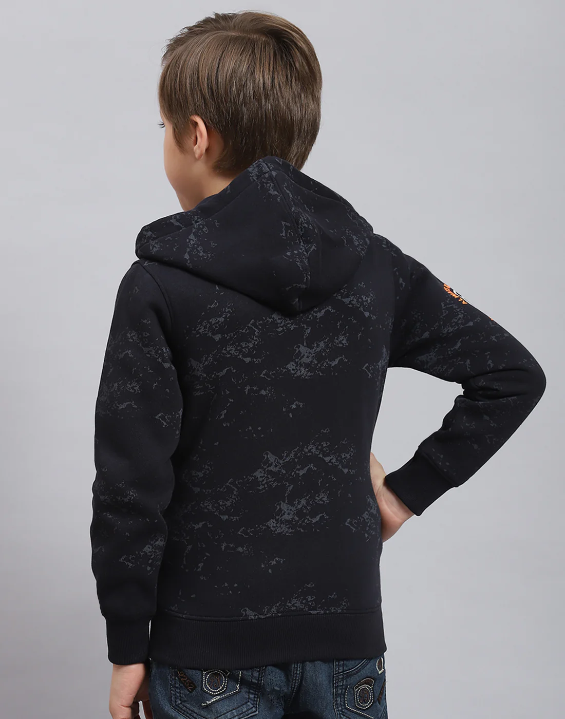 Boys Navy Blue Printed Hooded Full Sleeve Sweatshirt - Image 5
